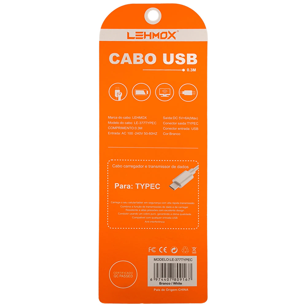 Cabo USB Para USB-C, Carregamento Rápido, 6A, 30cm Comprimento, Lehmox, LE-377, Branco