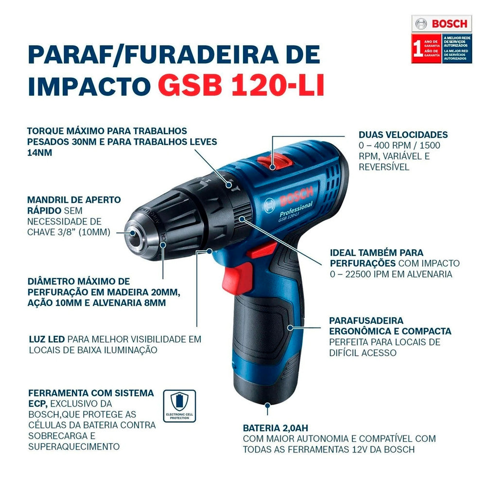 Parafusadeira e Furadeira Bosch GSB 120-Li 12V Com 1 Bateria e Maleta