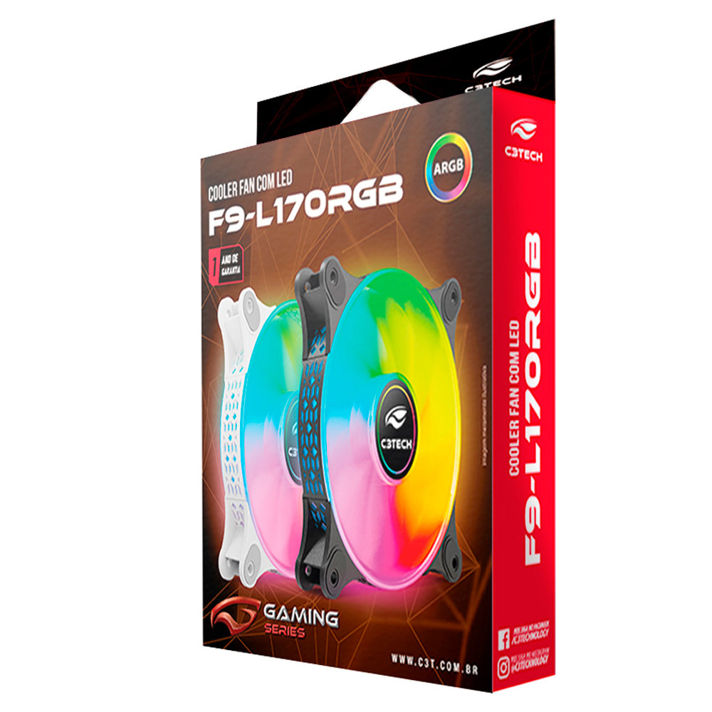 Cooler Fan Gamer, ARGB, F9-L170BK, 12cm, C3Tech Gaming, 1.200 RPM, 6 Pinos, Preto