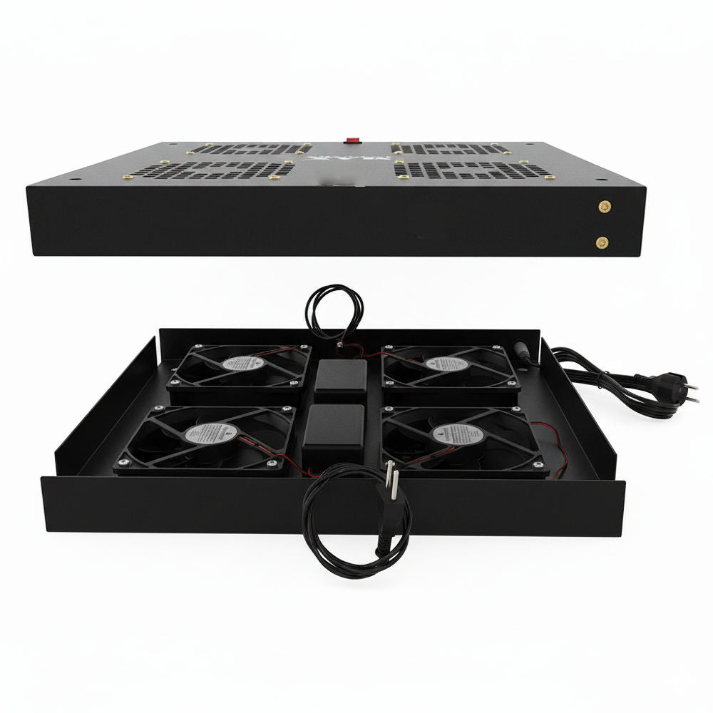 Kit Ventilação Forçada Rack 19" 1U 4 Coolers, Bivolt 110/220V, Chapa Aço Epóxi, Rolamento Blindado Max Eletron