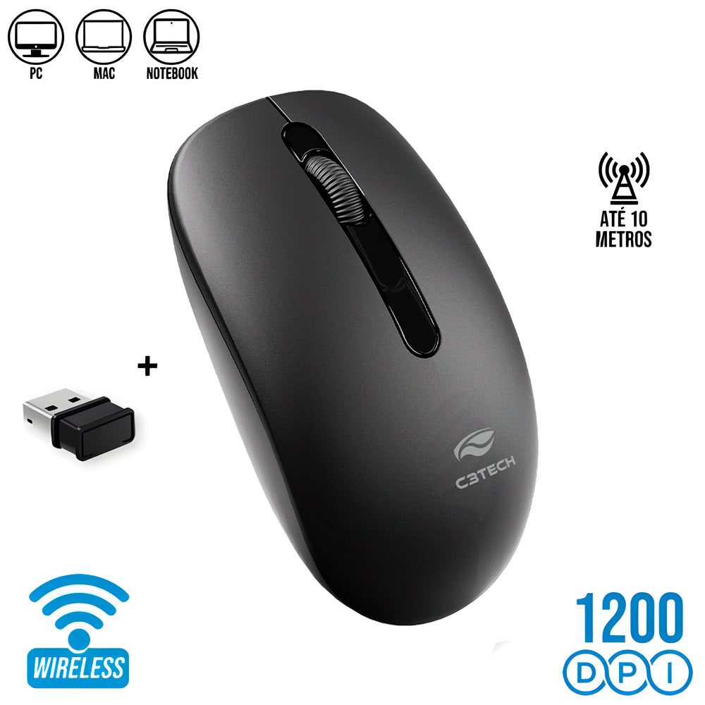 Mouse Sem Fio, 2.4GHz, 1.200 DPI, M-W15BK, C3Tech, Plug And Play, Preto