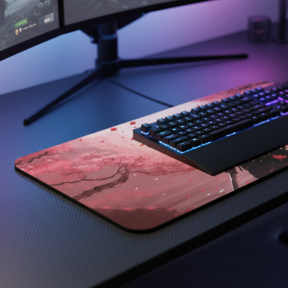 Mouse Pad Gamer 30x70cm, Neoprene Legítimo, Base Antiderrapante, Reliza - Estampa Samurai em Sakura