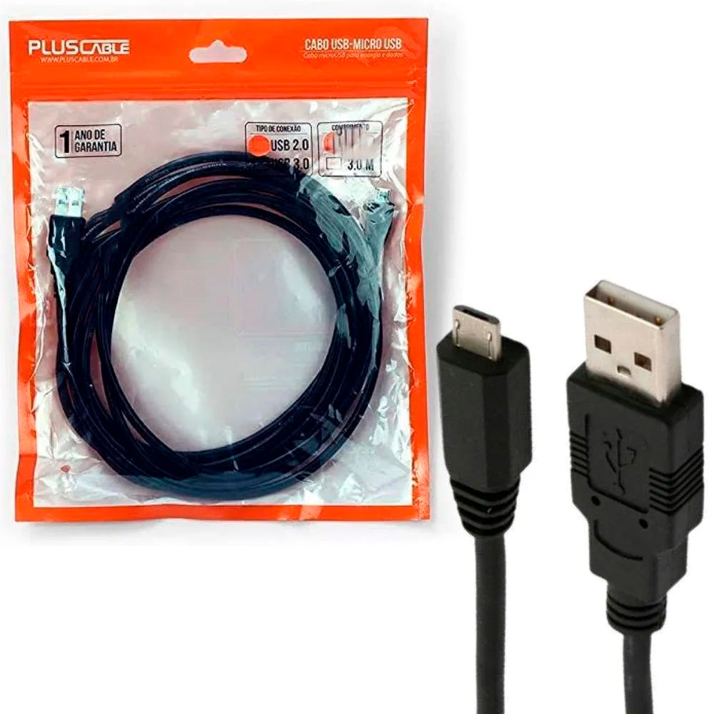 Cabo USB Para Micro USB PlusCable 3 Metros PC-USB3004 - Preto