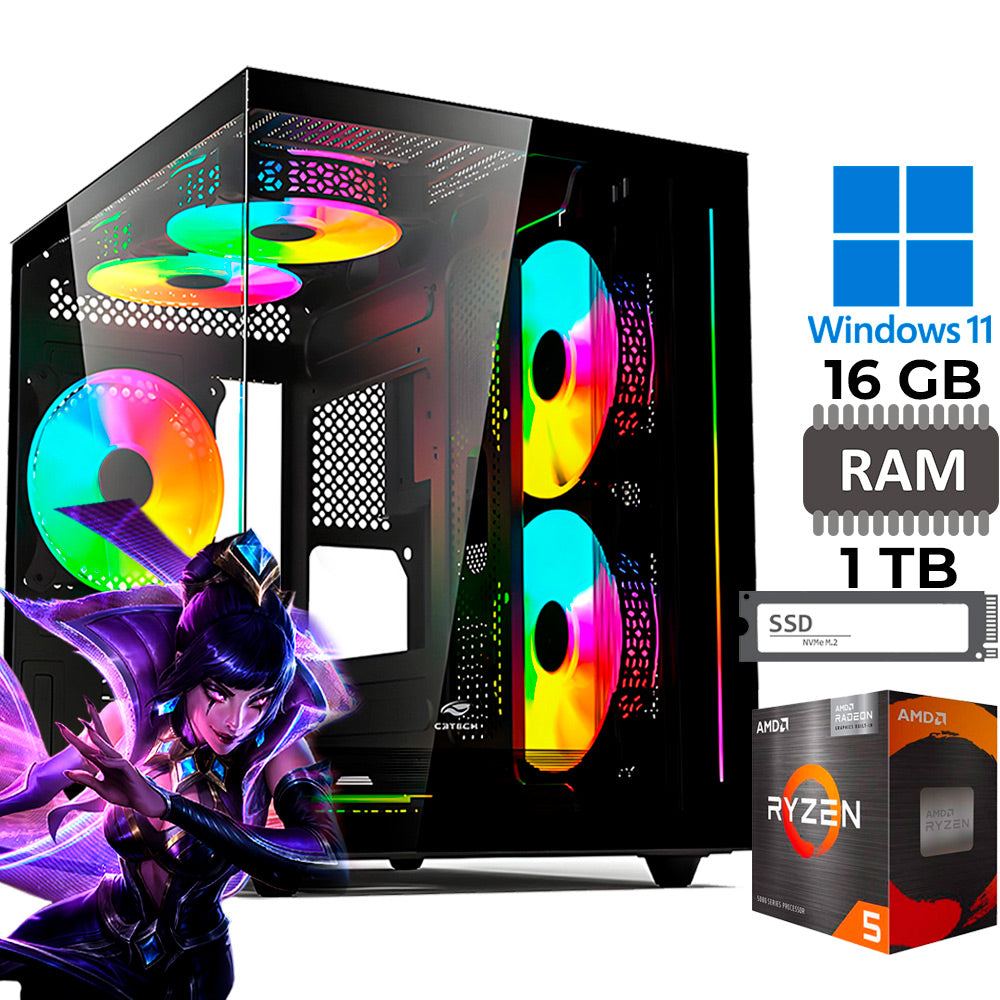 Computador Gamer Ryzen 5 5600GT Vega 7, RAM 16GB DDR4, SSD 1 TB M.2 NVMe, Windows 11 Pro, Gabinete Aquarius