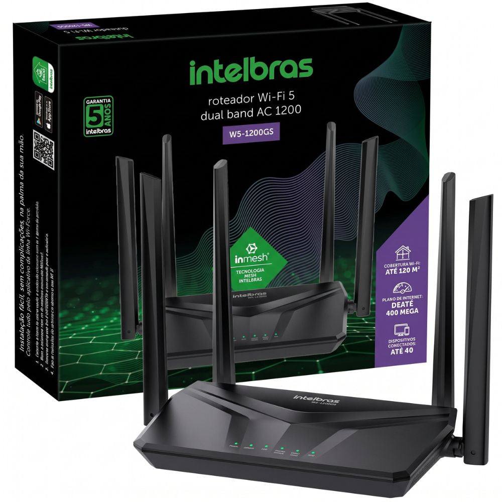Roteador Wireless W5-1200GS Intelbras Wi-Fi 5 Dual Band Ac1200 Mesh Até 120m² 300 Mbps em 2,4 GHz e 867 Mbps em 5 GHz