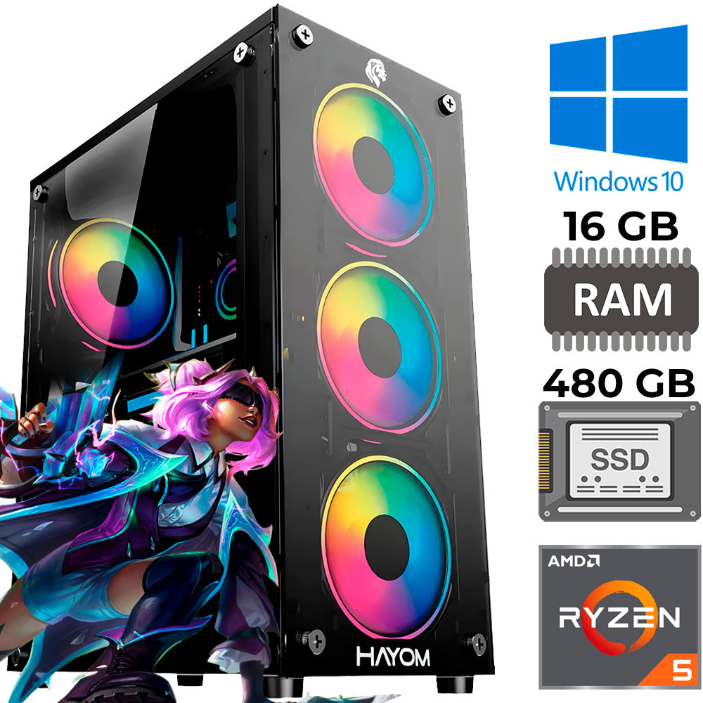 Computador Gamer AMD Ryzen 5 5600GT, 16GB DDR4, SSD 480GB, Gráfico Integrado Radeon Vega 7, Gabinete Hayom