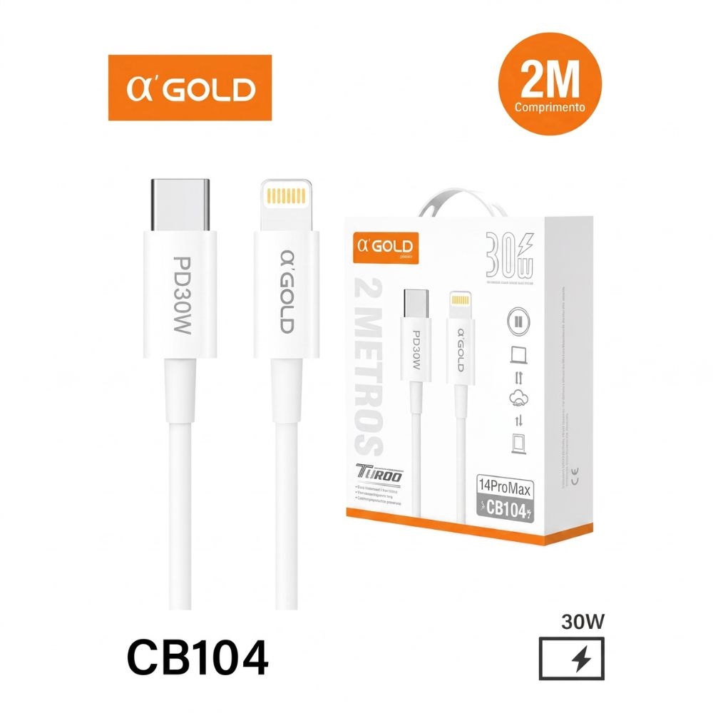 Cabo Lightning 2 Metros Turbo α'GOLD CB-104 | USB-C para iPhone 30W – Carregamento Ultrarrápido