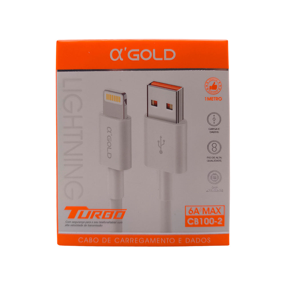 Cabo De Dados e Carregamento Turbo Para iPhone, USB Para Lightning Compatível, 1 Metro, 6A, CB100-2, Branco - A'Gold