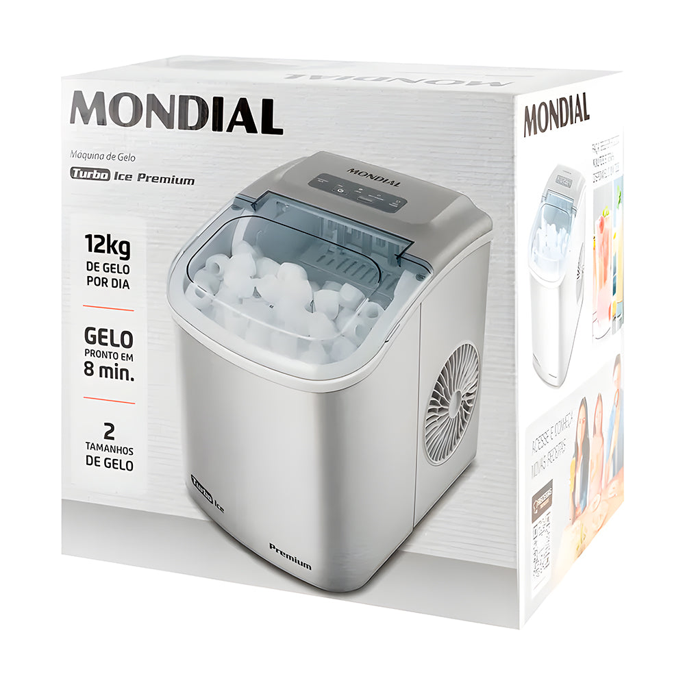 Máquina de Gelo Turbo, Ice Premium, Mondial, 12KG, Reservatório 1,3L, Cinza, 220V, MG-12-GI