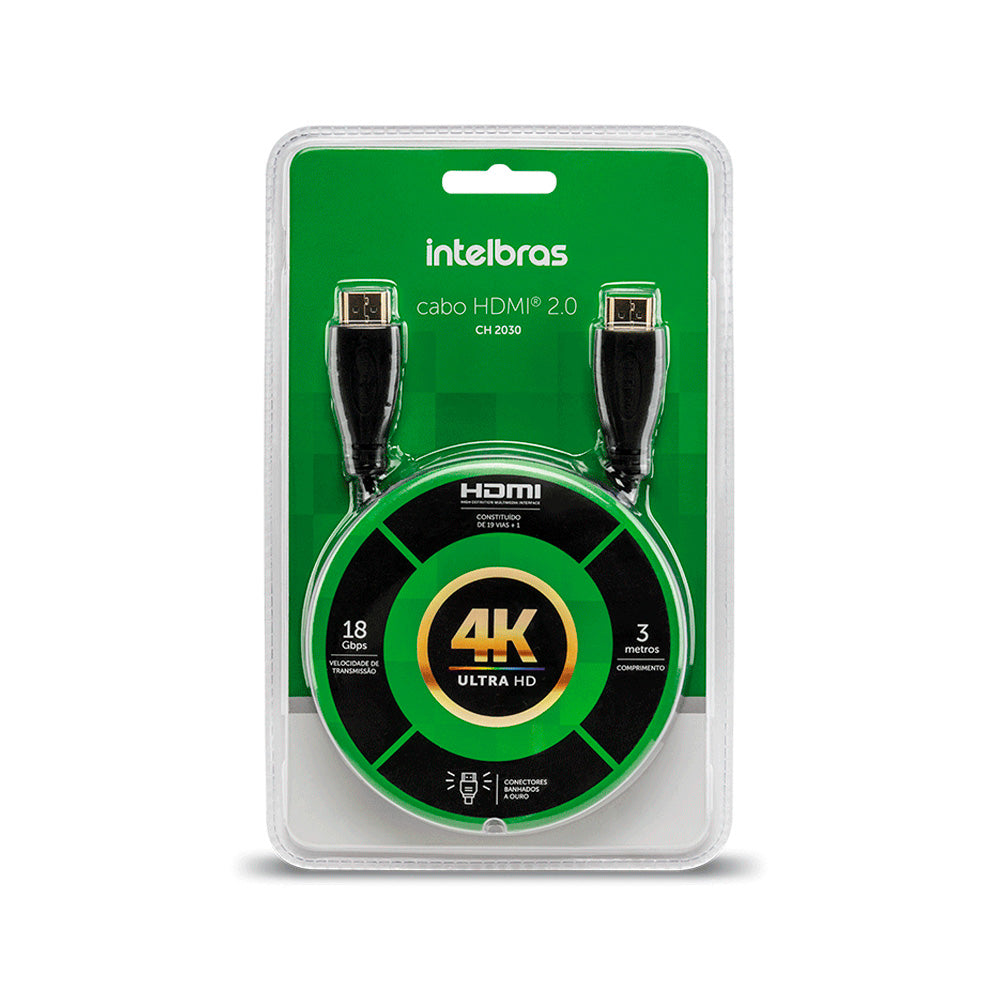 Cabo HDMI Intelbras 2.0 Com 3 Metros CH 2030 Suporta Resolução 4K em 60Hz Blindagem Tripla