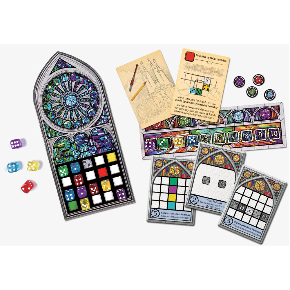 Jogo Tabuleiro Sagrada Galápagos Mosaico Dados 1-4 Jogadores, 90 Dados Coloridos, 4 Molduras, 12 Cartas Padrão