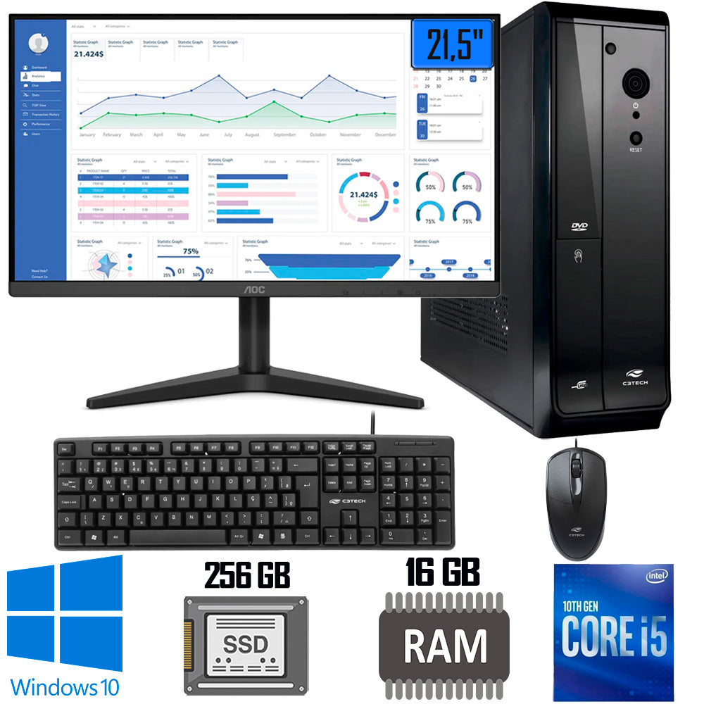 Computador Completo i5 10400-Ram 16GB DDR4-SSD 256GB-Fonte 500W, Gab Slim ATX+ Monitor AOC 21.5 LED+ Teclado e Mouse