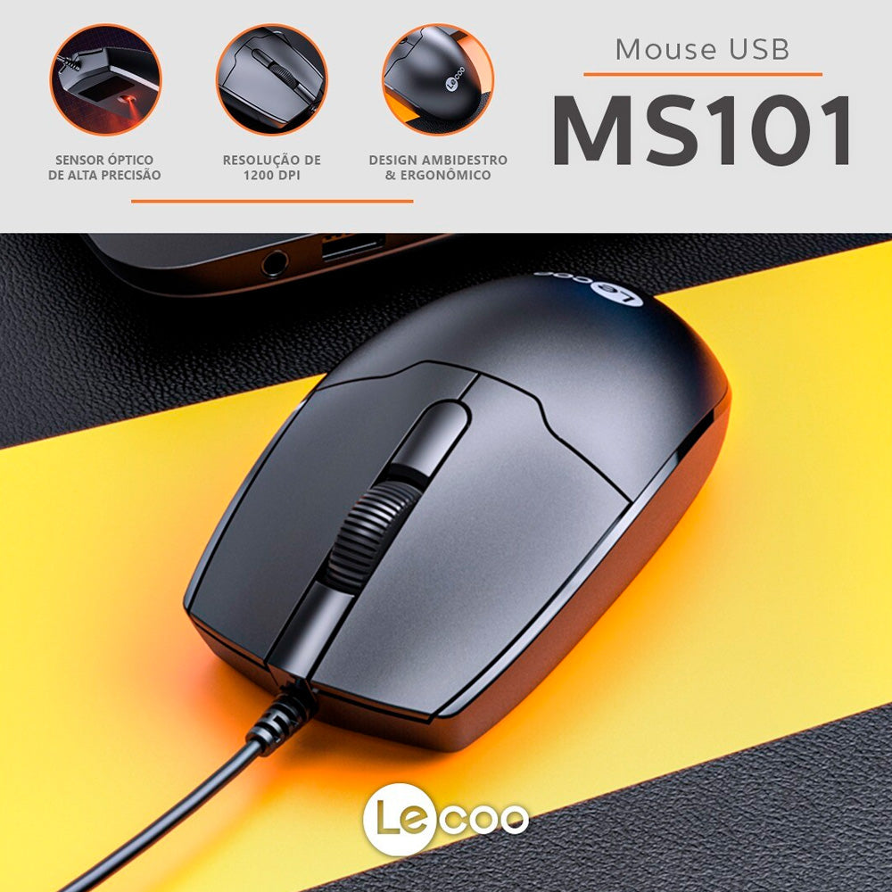 Mouse Ópitco Com Fio USB, Lenovo Lecoo, 1.200 DPI, MS101, Ergonômico, Preto