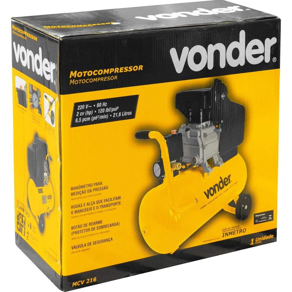 Motocompressor de Ar Vonder 220V, 60Hz, 21.6L Com Alças, Rodas, Interruptor Liga/Desliga e Manômetro