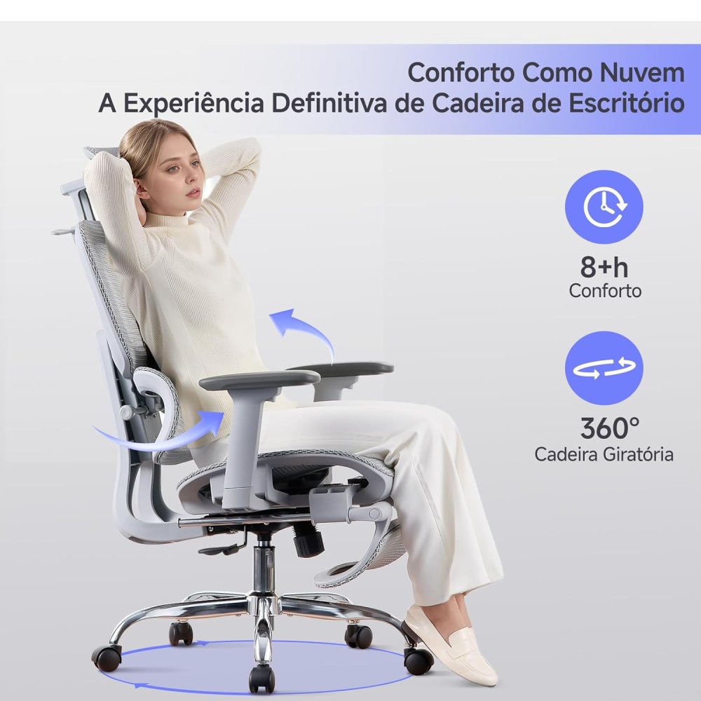 Cadeira Ergonômica LarkLeaves L10 Mesh Apoio de Pé Braço 3D Cinza