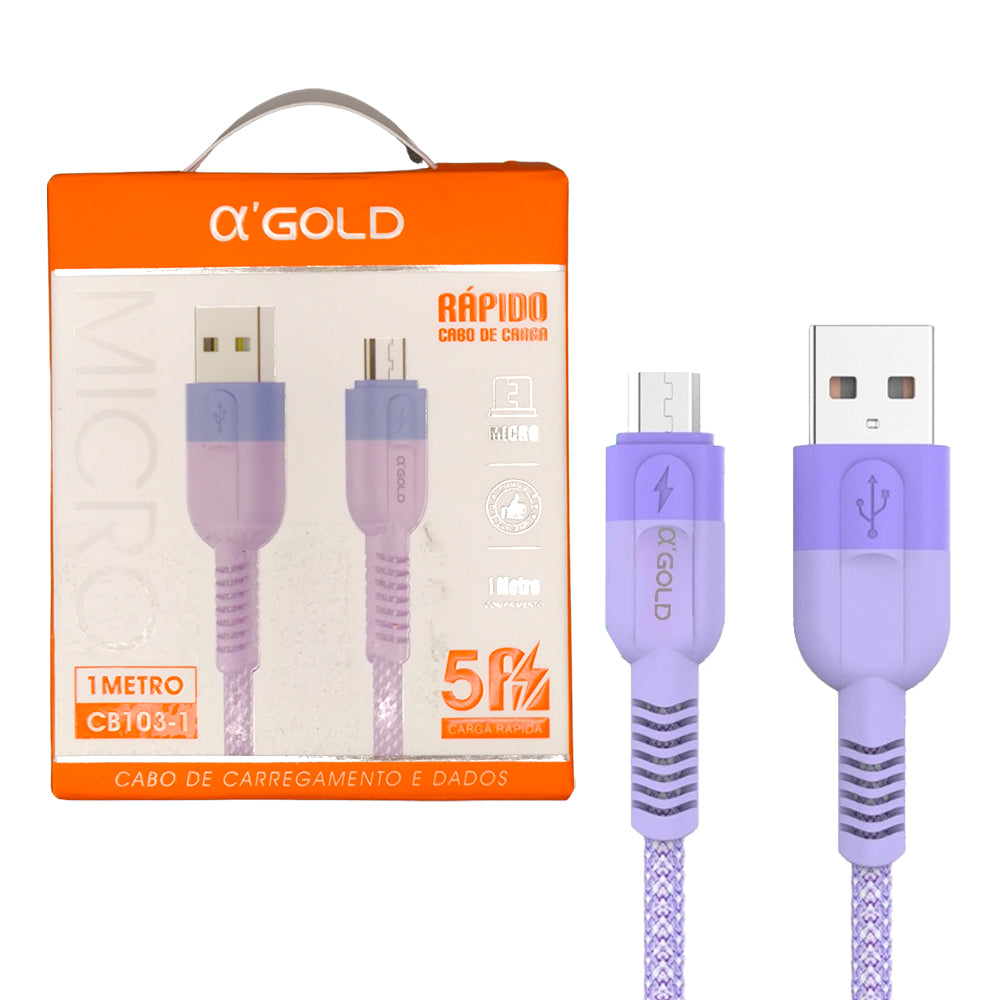 Cabo USB Para Micro USB, Carregamento Rápido, 1 Metro de Comprimento, CB103-1, A'Gold - Roxo