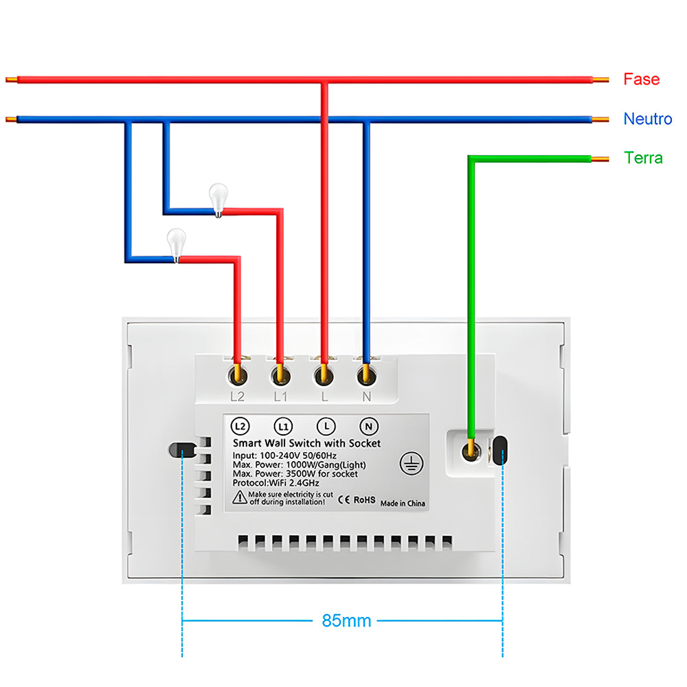 Interruptor Inteligente, Com Tomada, 2 Botões Touch, Wi-Fi, Compatível Com Alexa e Google Home, Avatto, Branco
