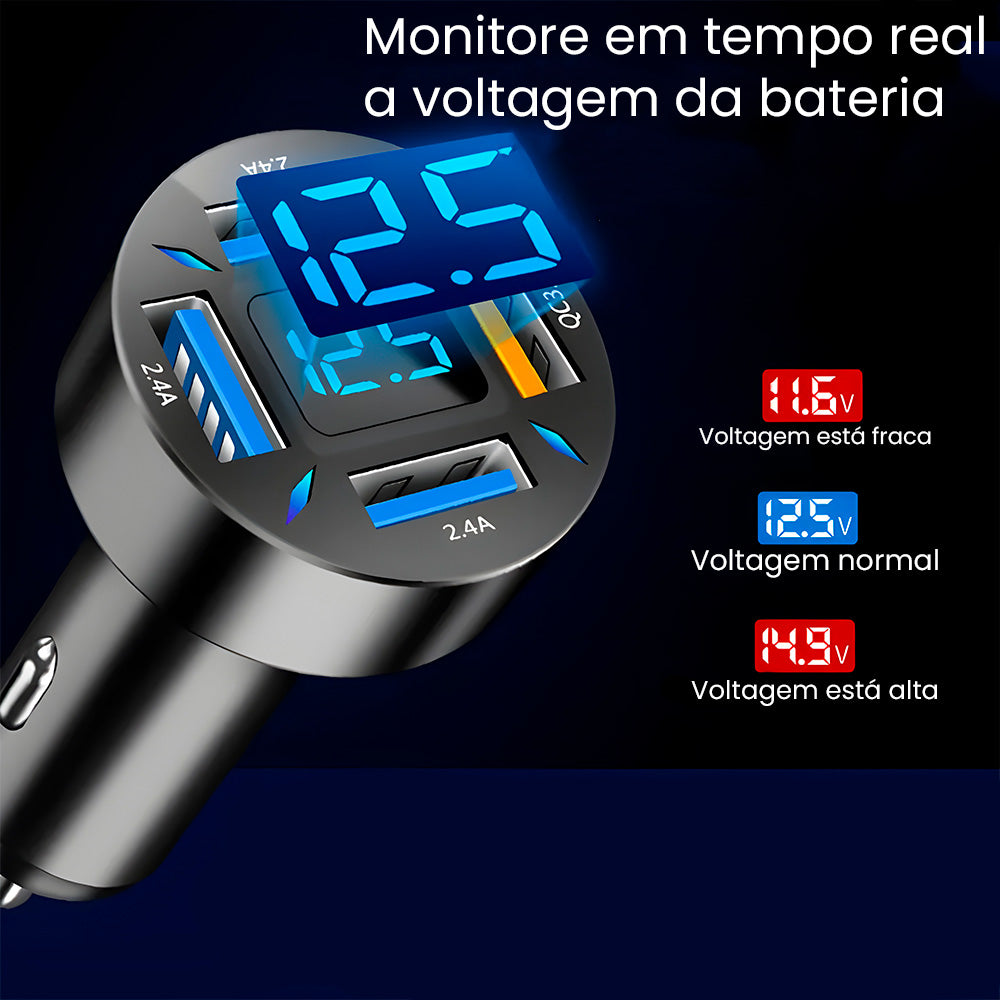 Carregador Veicular Turbo Fast Charging Com Três Portas USB 3.1A e Uma Porta USB-C - Preto