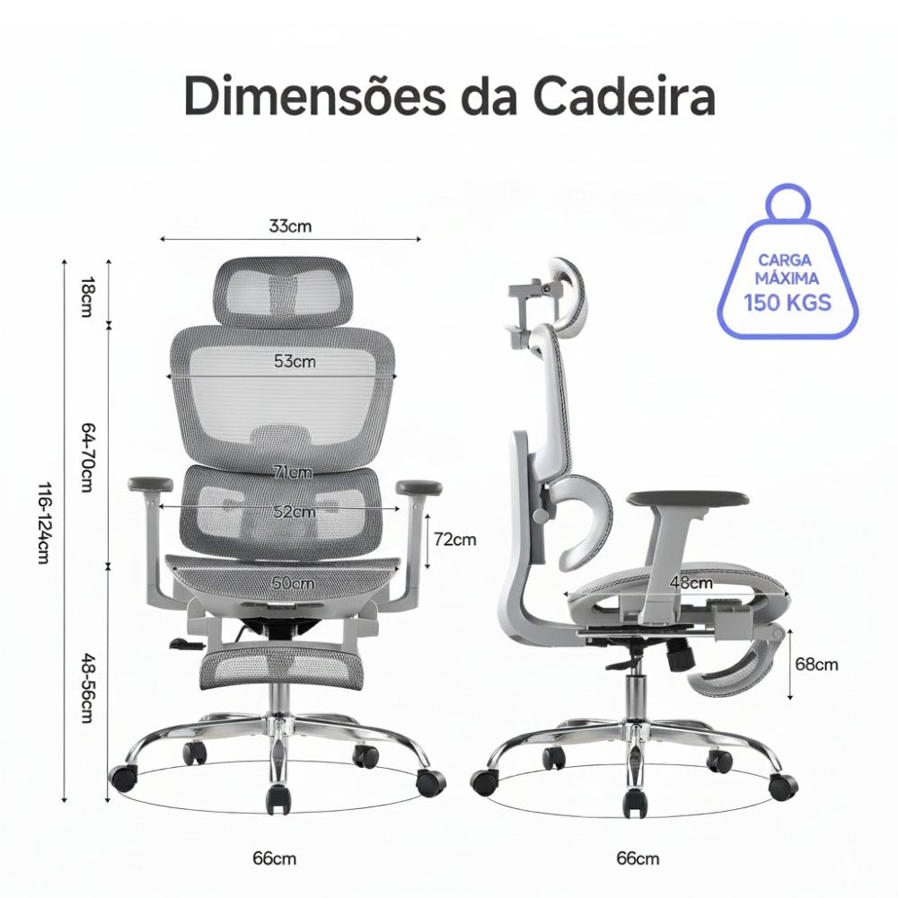 Cadeira Ergonômica LarkLeaves L10 Mesh Apoio de Pé Braço 3D Cinza