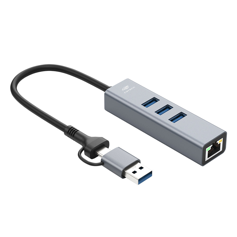 HUB USB-C 3.0 C3Tech HU-LAN1000GY, 4 Portas (3x USB-A 3.0 + RJ-45 Gigabit), Entrada Reversível USB-C/USB-A - Cinza