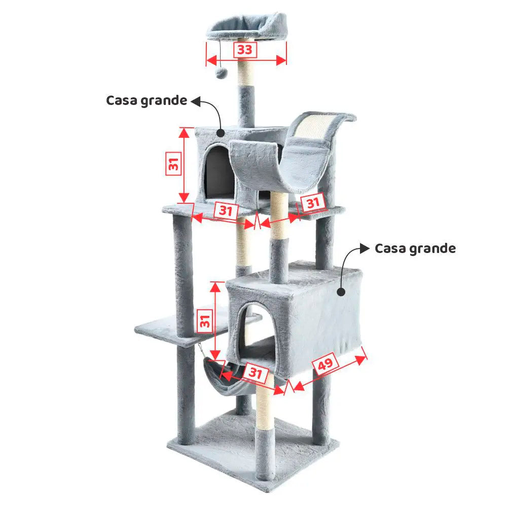 Arranhador De Gato Grande, Luxuoso, Multifuncional Com Casas, Camas, Rede, Poleiros e Brinquedo, Cinza