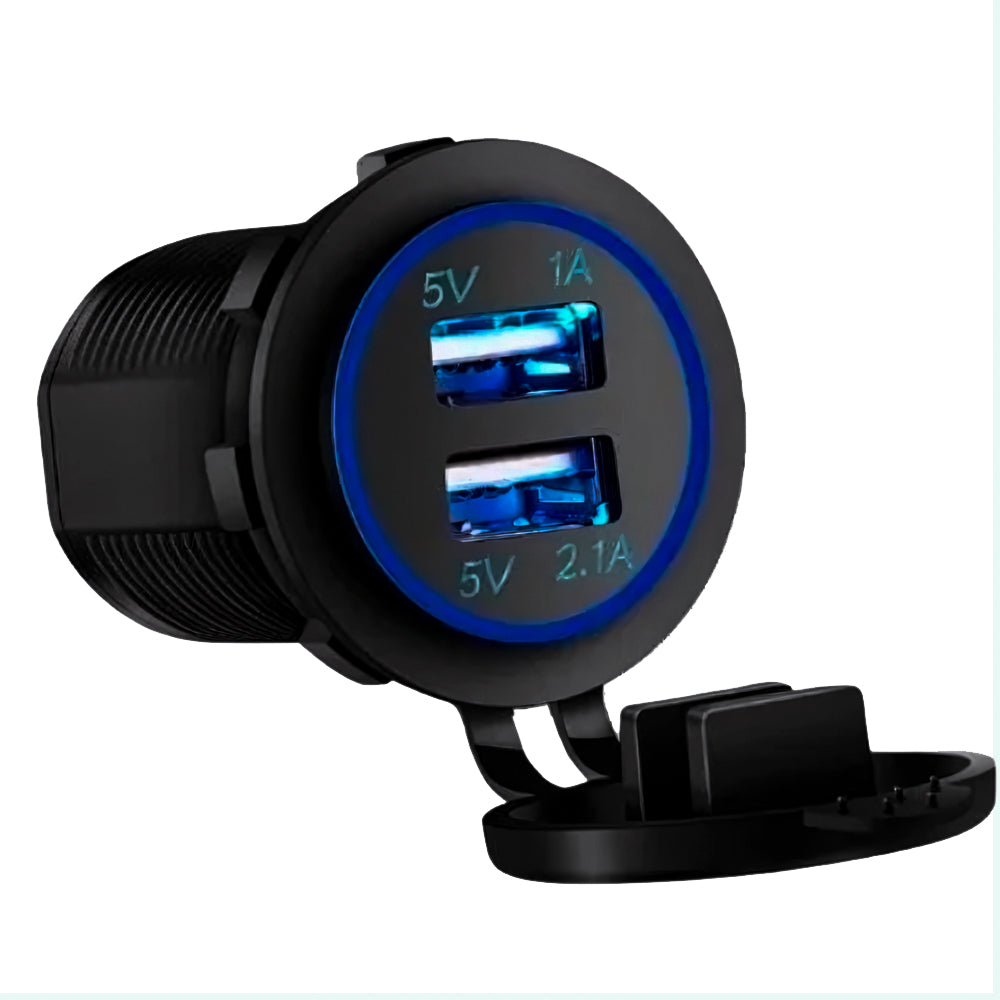 Tomada Carregador Veicular 12-24V, Com 2 Saídas de Carregamento, 1A e 2.1A, Preto