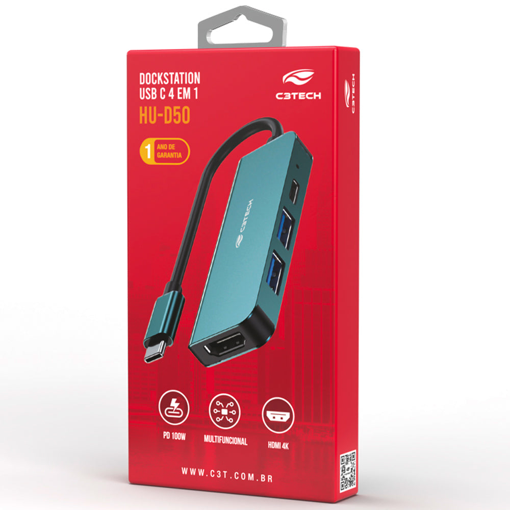 HUB USB Com Saída HDMI 4K, 2 Saídas USB e 1 Saída USB-C, C3Tech, HU-D50GY - Cinza