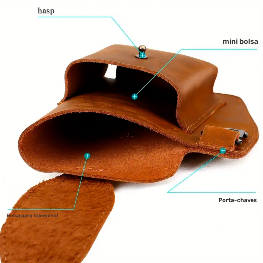 Bolsa De Couro Masculina, Armazenar Celular e Carteira, Suporte Para Chaveiro, Preto