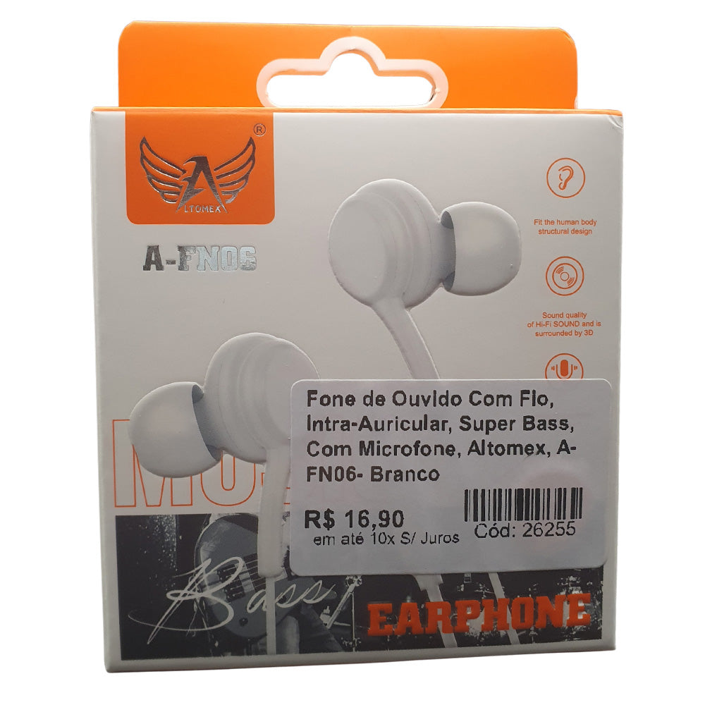Fone de Ouvido Com Fio, Intra-Auricular, Super Bass, Com Microfone, Altomex, A-FN06- Branco