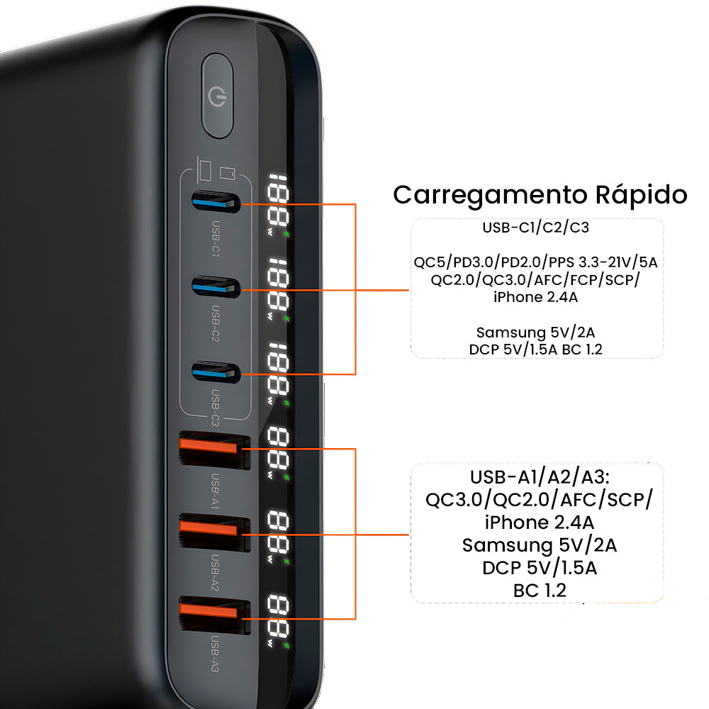 Estação de Carregamento 140W Com 3 Entradas USB e 3 Entradas USB-C  - Com 4 Cabos, LDNIO - A6140C