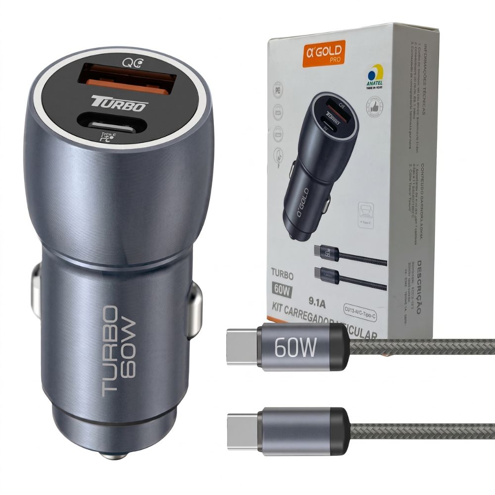 Carregador A'Gold CJ13-3 Veicular Turbo 60w Kit Com Cabo Carro Automotivo