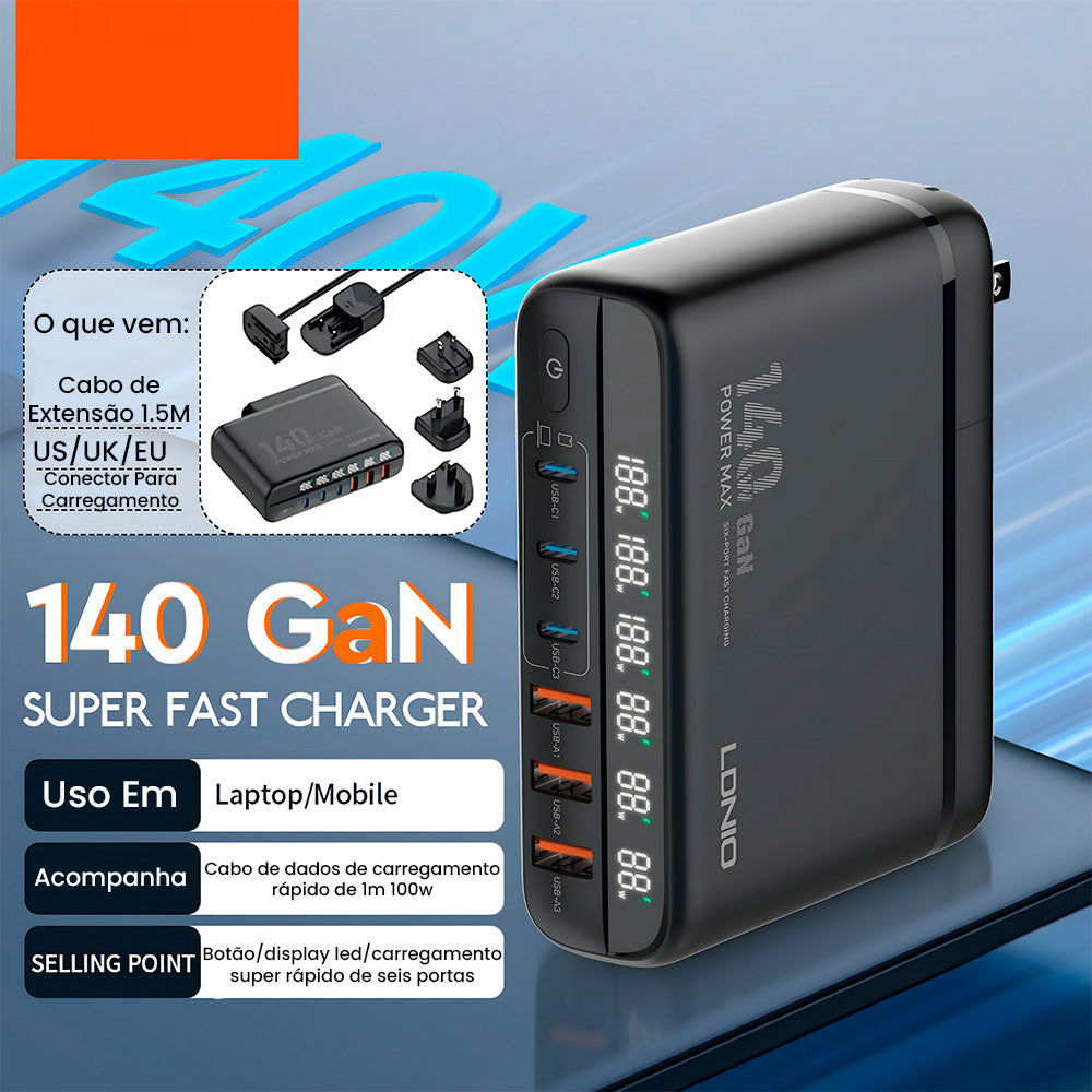Estação de Carregamento 140W Com 3 Entradas USB e 3 Entradas USB-C  - Com 4 Cabos, LDNIO - A6140C
