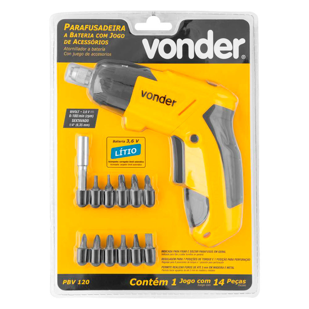 Parafusadeira a Bateria Vonder PBV 120 Bivolt 3,6V com 12 Acessórios e Carregador