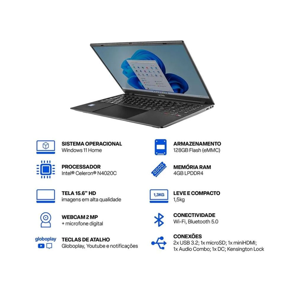 Notebook Ultra UB261 Celeron N4020C 4GB Ram,128GB de Armazenamento, EMMC Tela 15.6 Windows 11 Multilaser - Cinza
