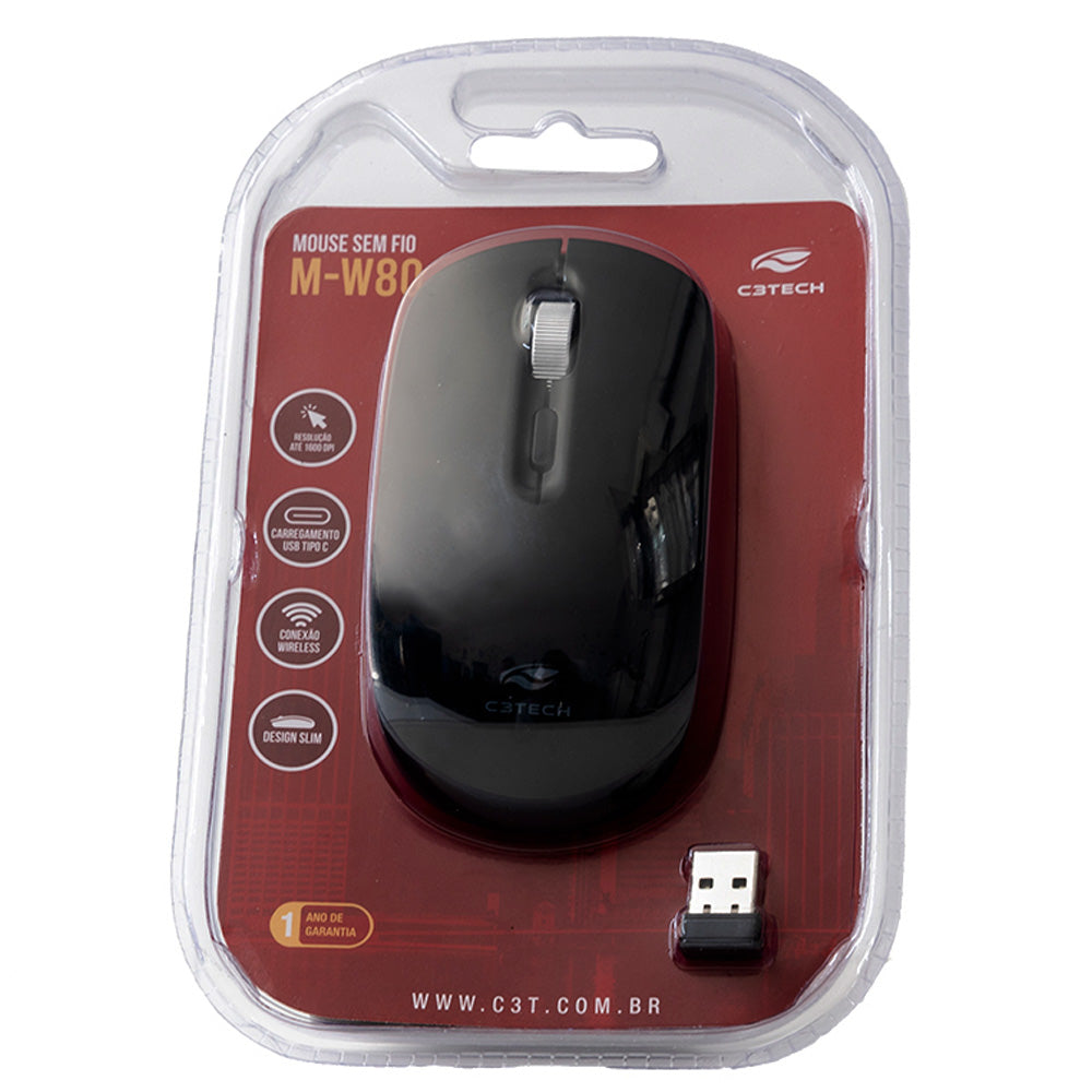 Mouse Sem Fio Recarregável M-W80BK 1600 DPI, C3Tech - Preto