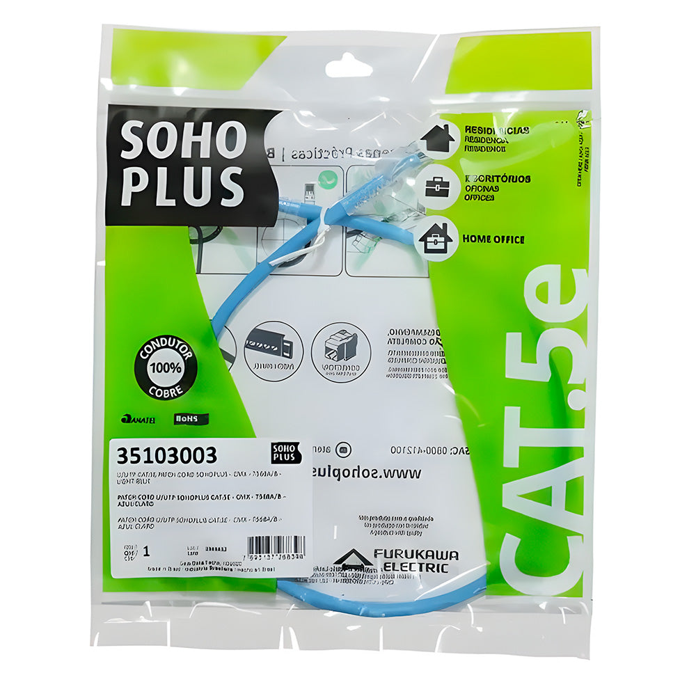 Cabo de Rede Patch Cord Sohoplus U/UTP CAT.5e CMX 1.5 Metros - Azul Claro