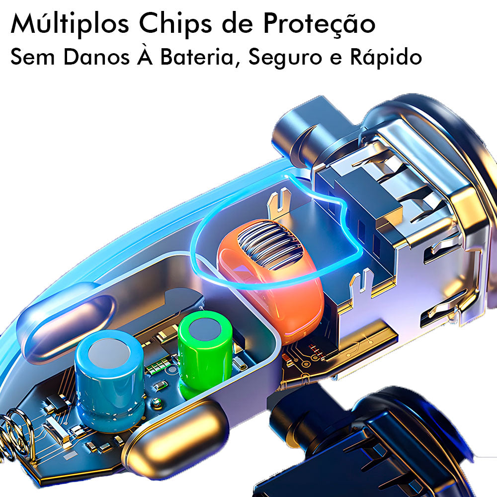 Carregador Veicular Com Duas Portas USB 3.1A e Cabo Com 3 Conectores, 66W, Com Display Digital - Preto