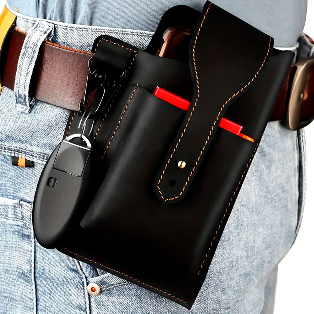 Bolsa De Couro Masculina, Armazenar Celular e Carteira, Suporte Para Chaveiro, Preto