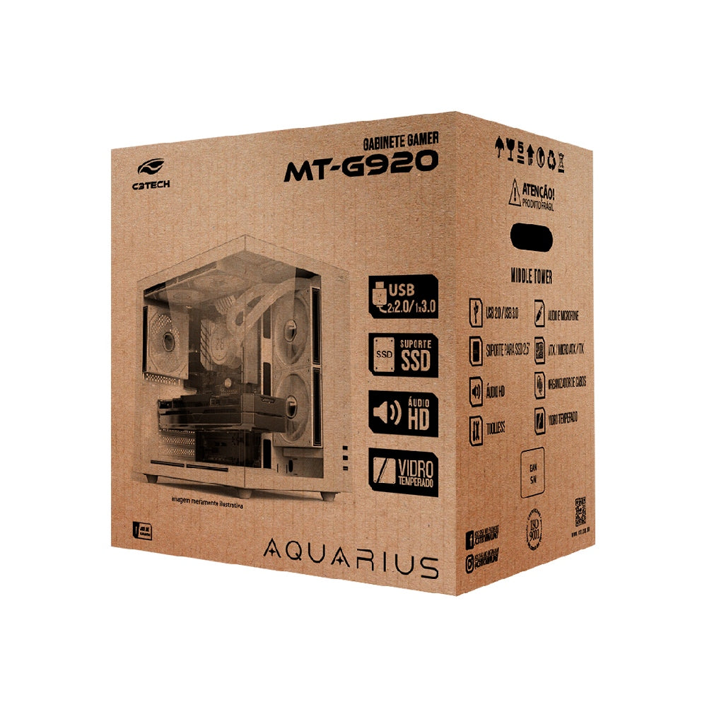 Gabinete Gamer C3Tech Aquário MT-G920WH, Mid Tower, Vidro Temperado, Suporte Water Cooler, S/Fonte, Branco - Aquarius