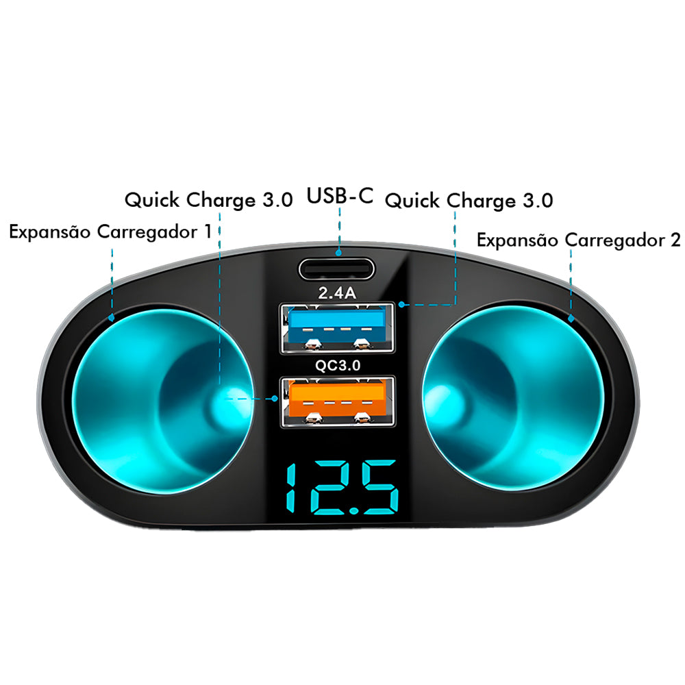 Carregador Veicular C/2 Entradas QC 3.0, 1 Entrada USB-C 2.4A, 2 Entradas P/ Carregador Veicular e Display Digital