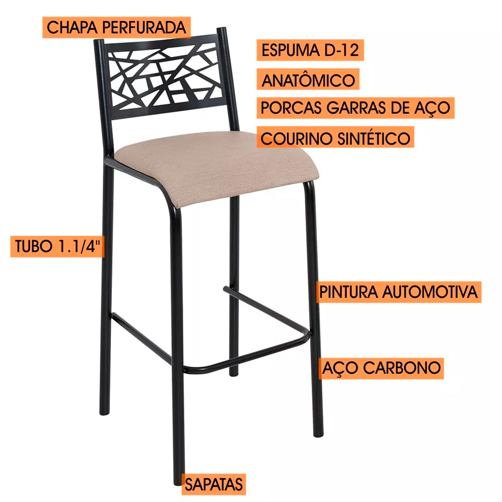 Conjunto De 2 Banquetas Alta Ciplafe Dani Tubo Preto Fosco Acento Bege