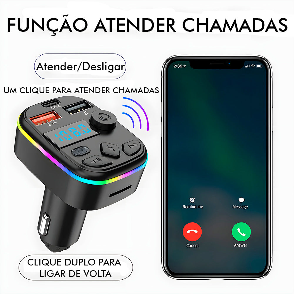 Carregador Veicular Com Duas Entradas USB e Uma USB-C, Suporta Cartão de Memória, Com Função Atender Chamadas
