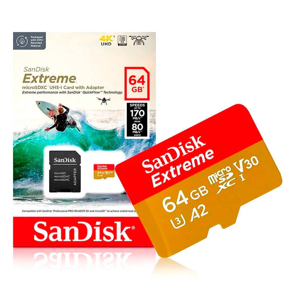 Cartão de Memória SanDisk Extreme 64GB Ultra MicroSDXC UHS-I 170Mb/s Leitura 80Mb/s Escrita + Adaptador