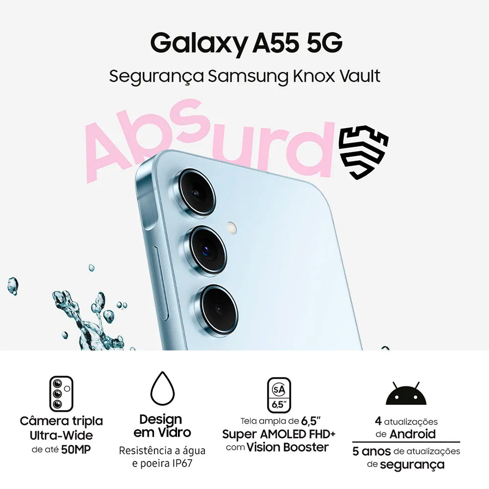 Smartphone Samsung Galaxy A55 RAM 8GB 256GB 5G, Câmera Tripla 50MP + Selfie 32MP, Tela 6.6''- Azul Claro