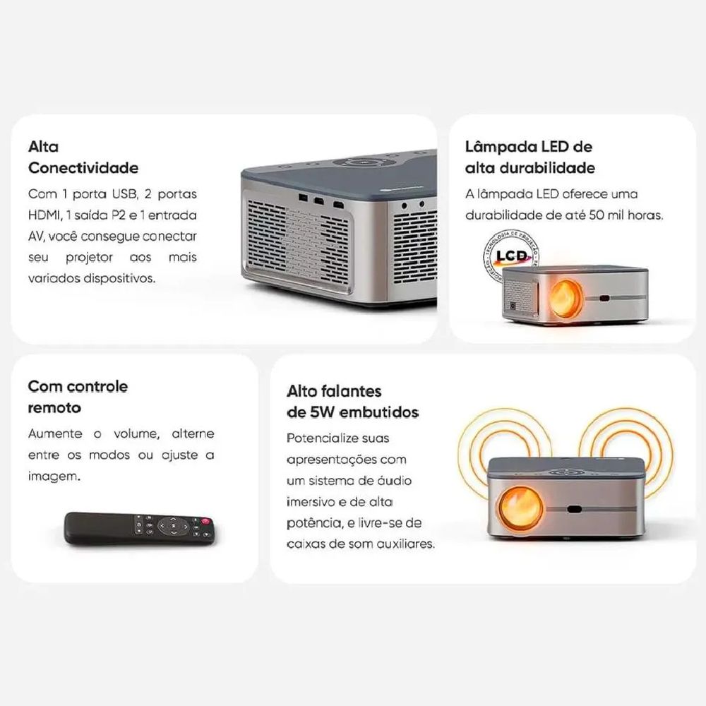 Projetor Smart 7000 Lúmens Full HD Goldentec com Wi-Fi, Bluetooth, Android e HDMI