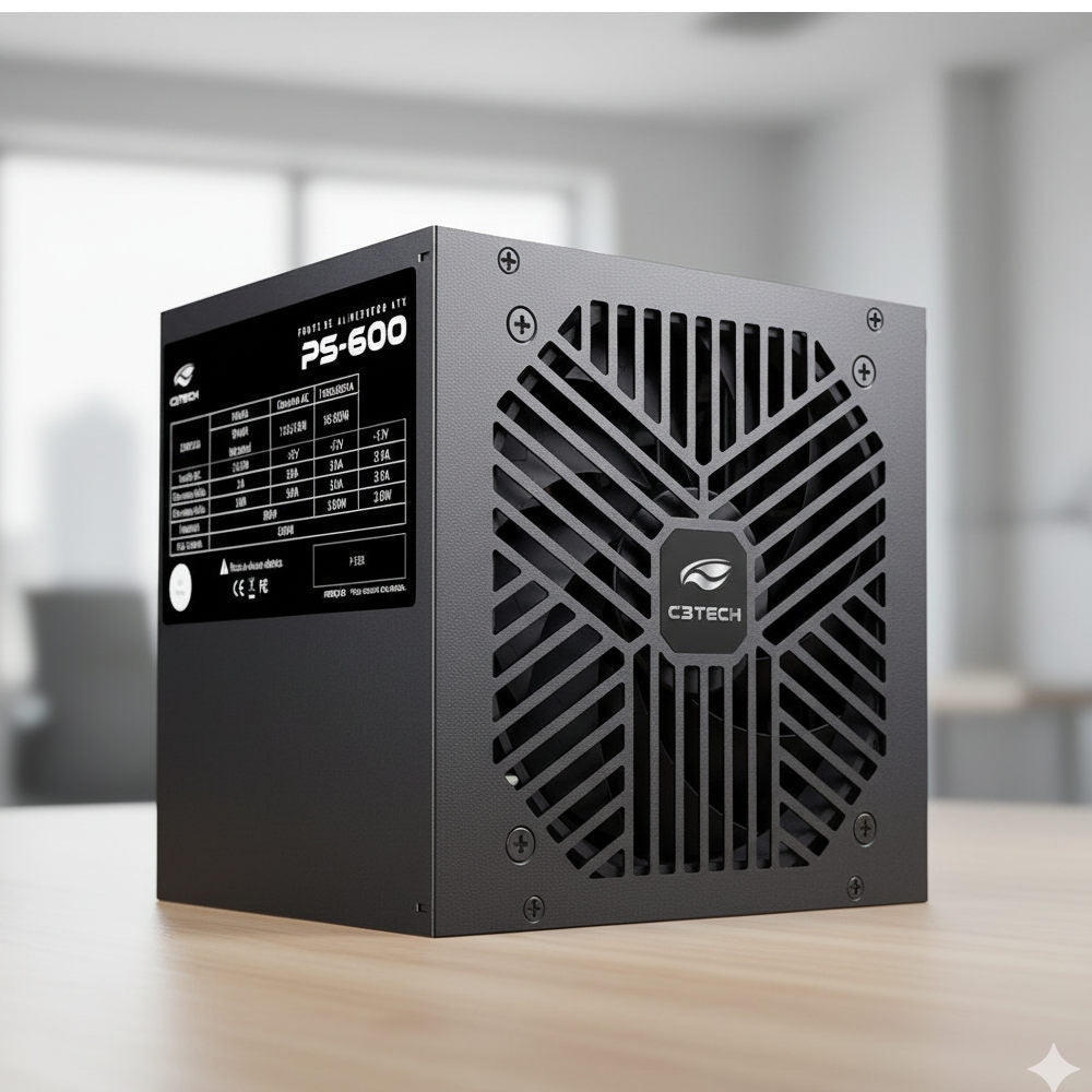 Fonte ATX Gamer C3Tech PS-600BK 600W Real, Bivolt, Ventoinha Silenciosa, Proteções OVP/UVP/SCP