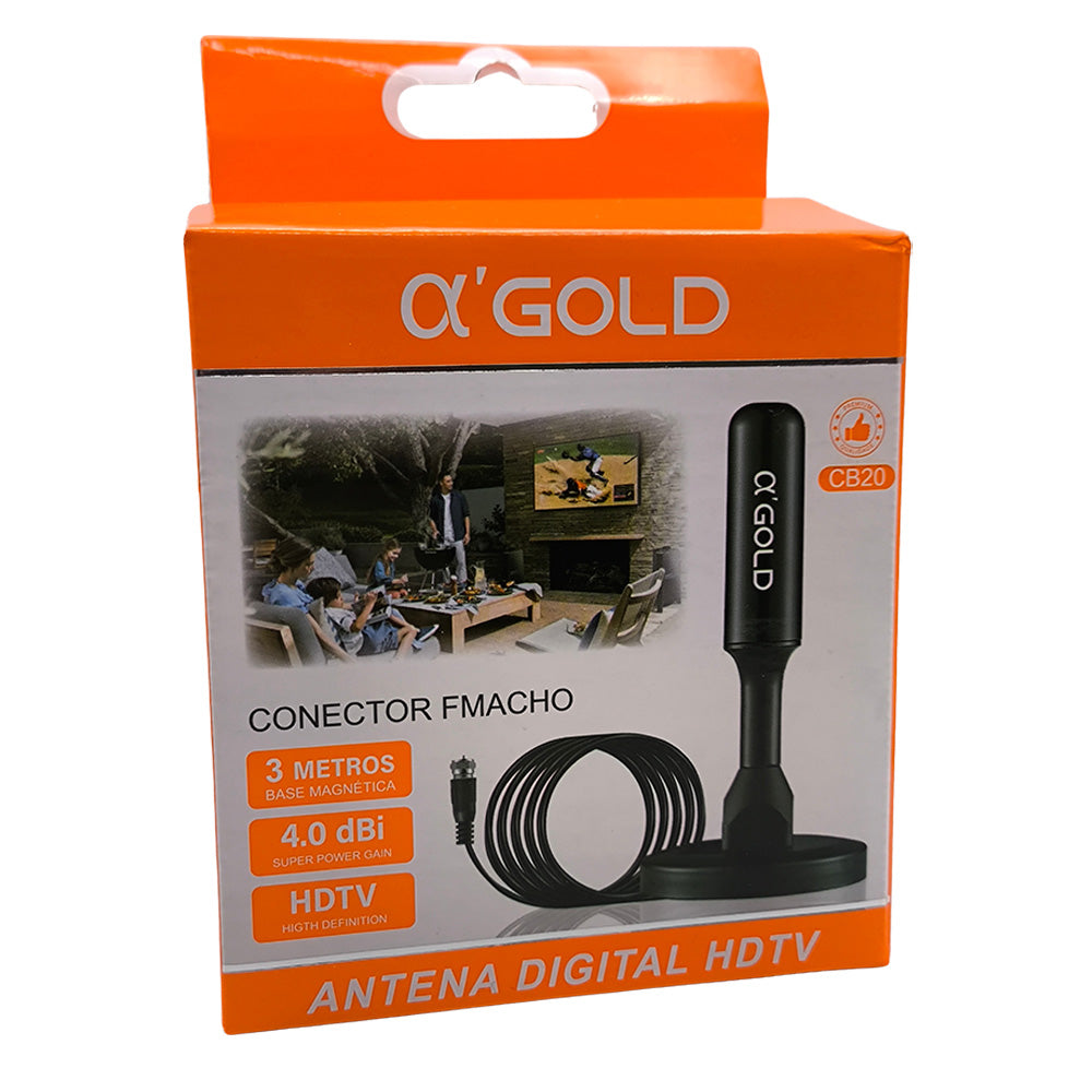 Antena Digital HDTV, 5 Metros, 4.0 DBi, Base Magnética, A'Gold, CB20