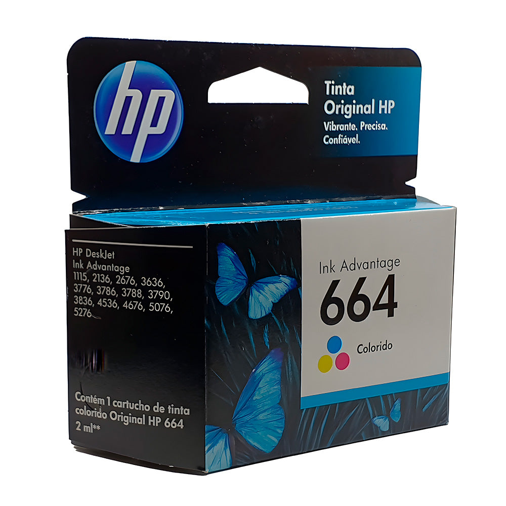 Cartucho de Tinta HP 664 Color F6V28AB, Para HP Deskjet 2136/ 2676/ 3776/ 5076/5276 - Rende até 100 Paginas