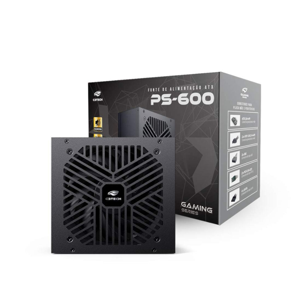Fonte ATX Gamer C3Tech PS-600BK 600W Real, Bivolt, Ventoinha Silenciosa, Proteções OVP/UVP/SCP