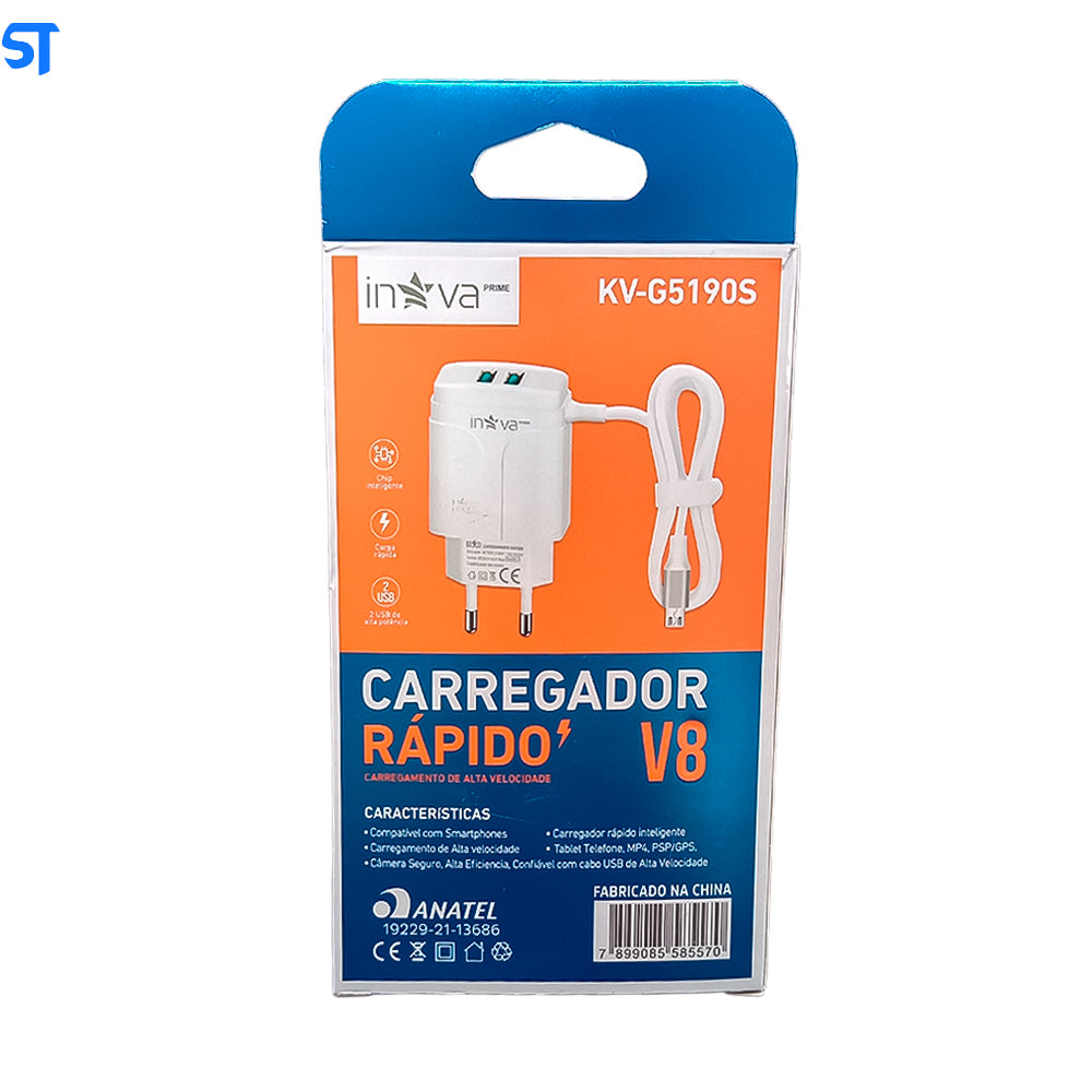 Carregador Rápido V8 Com Duas Portas USB 4.8A de Alta Potência Inova Branco - KV-G5190S